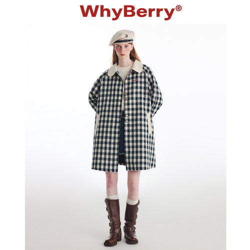 WhyBerry 24AW“蓝莓华夫饼”复古格纹风衣中长款英伦风外套秋冬