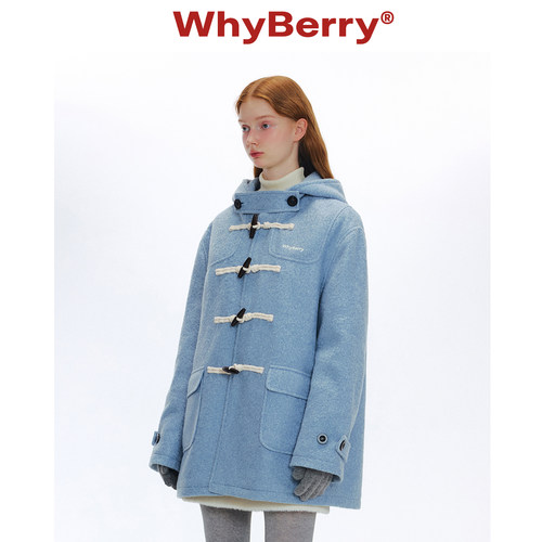 WhyBerry 24AW“泡芙学院”蓝色牛角扣大衣秋冬复古加厚毛呢外套