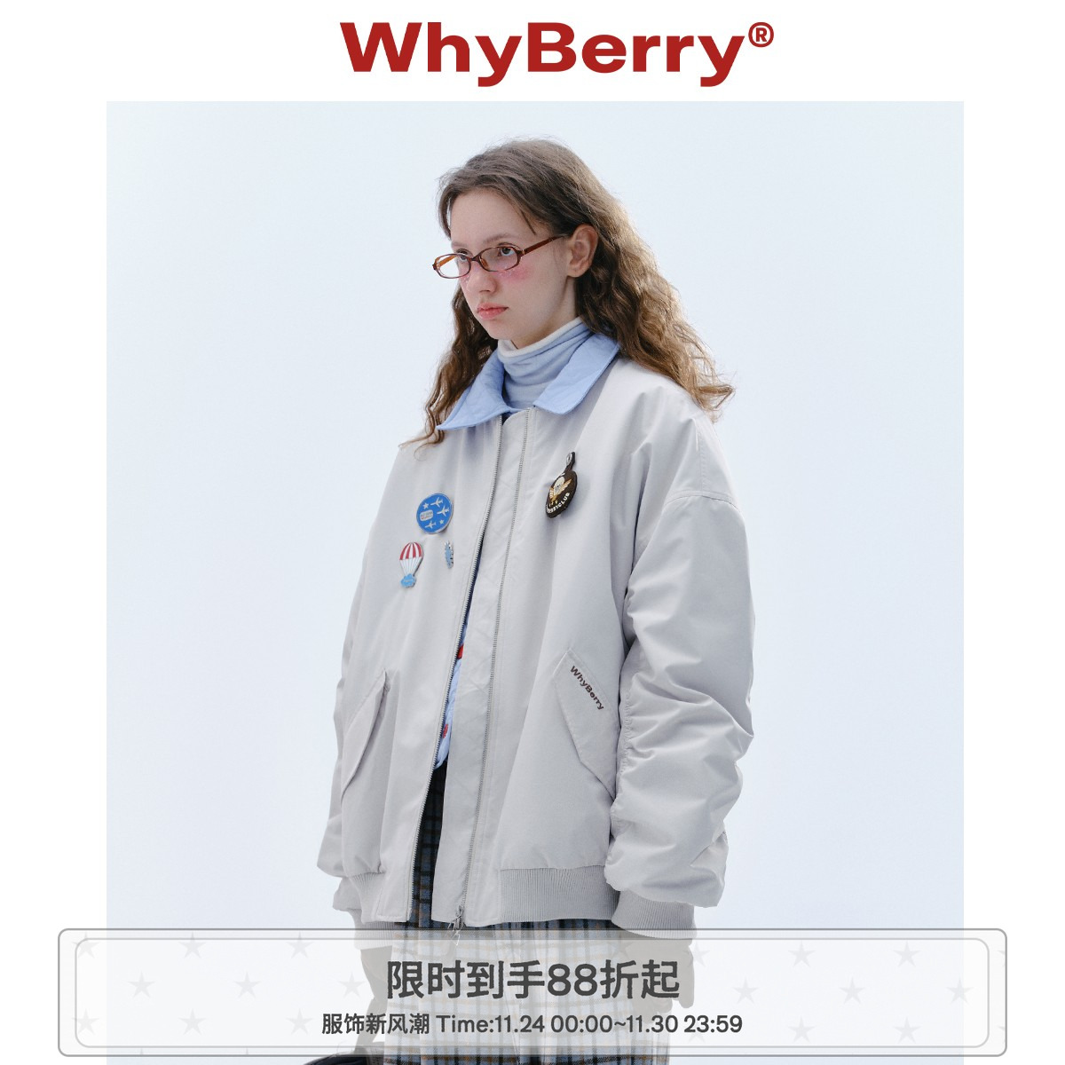 WhyBerry 24AW“FLY乐园”美式休闲飞行夹克外套百搭灰色2025秋冬