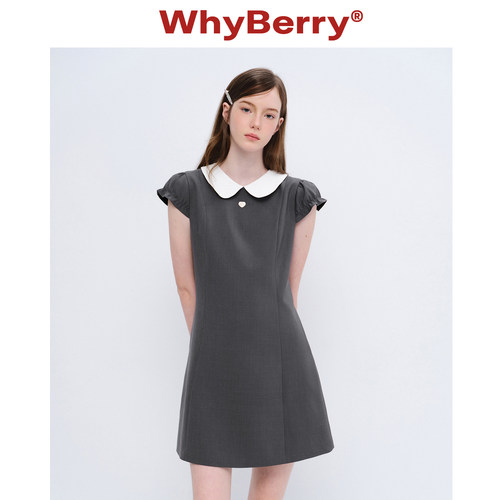 WhyBerry 26SS“纯白茉莉”娃娃领修身连衣裙复古收腰灰裙千金风