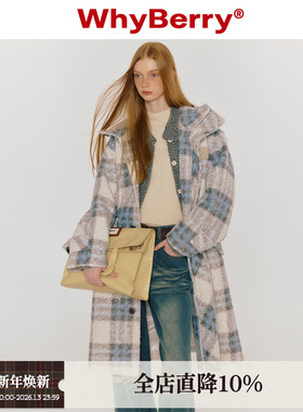 WhyBerry 23AW“气泡奶酥”粉色格子大衣慵懒保暖中长款外套秋冬