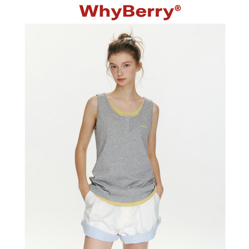 WhyBerry 26SS“夏日滋味”假两件撞色无袖背心女休闲t恤运动上衣