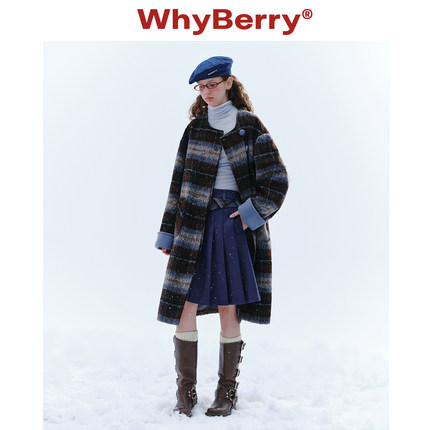 WhyBerry 24AW“柏林冬日”立领格子大衣自带围巾中长款厚外套冬