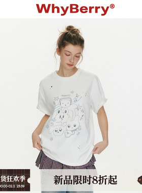 WhyBerry 26SS“草莓音乐家”少女感印花宽松t恤原创卡通纯棉短袖