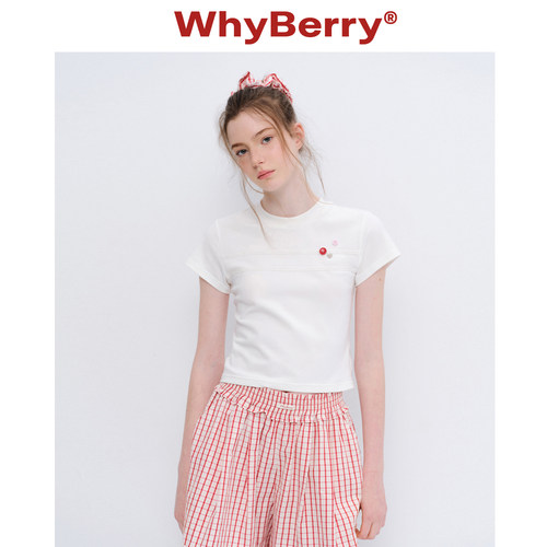 WhyBerry 26SS“飞鸟雨季”白色纽扣短袖小众设计圆领正肩t恤女
