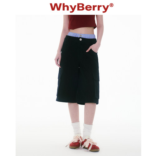 WhyBerry 25SS“时髦拼图”撞色双腰头拼接中裤宽松阔腿中裤女夏