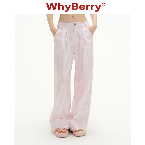 WhyBerry 26SS“格纹集趣”粉色格纹阔腿裤女夏显瘦直筒休闲长裤