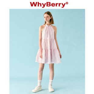 WhyBerry 粉色蝴蝶結(jié)短裙a字生日連衣裙掛脖女夏 甜奶油 23SS