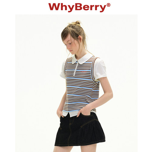 WhyBerry 26SS“学院派”假两件条纹短袖t恤女学院风夏季Polo衫