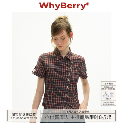 WhyBerry 26SS“限时夏恋”斜门襟格纹短袖衬衫女夏修身显瘦上衣