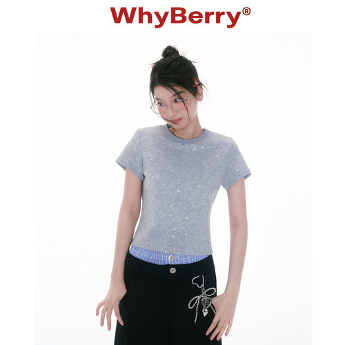 WhyBerry 25SS“星星碎”灰色T恤短袖修身微宽松圆领上衣女夏甜美