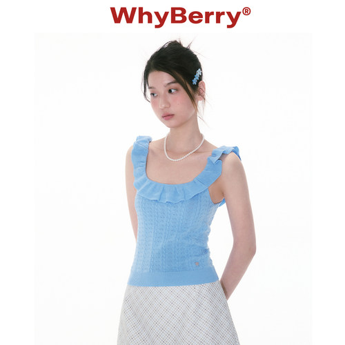 WhyBerry 25SS“缤纷夏日”荷叶边小蓝背心露肩短上衣外穿小个子