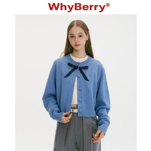 WhyBerry 25AW“蓝莓抹茶卷”蝴蝶结领口针织开衫韩系蓝色毛衣女