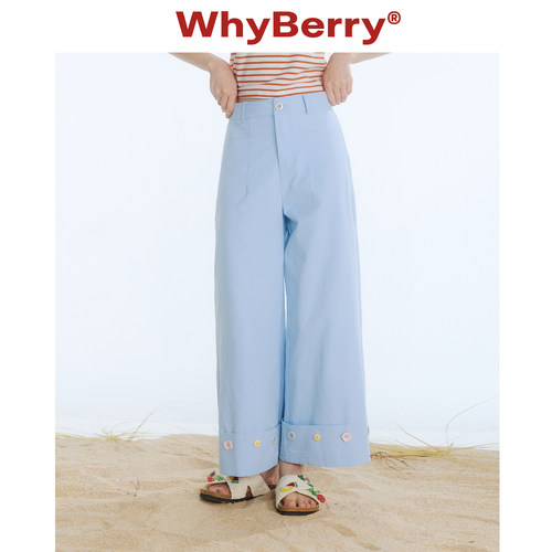 WhyBerry 25SS“夏色小扣”复古钉扣九分裤100棉宽松休闲风直筒裤