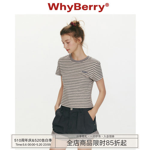 WhyBerry 26SS“盛夏午后”复古撞色条纹短袖T恤女小个子短款上衣