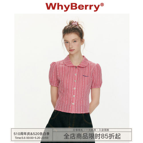 WhyBerry 26SS“花物语”红色格子娃娃领短袖衬衫百搭上衣女春夏