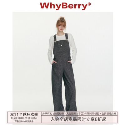 WhyBerry 26SS“草莓禁果”复古印花高腰牛仔背带裤阔腿纯棉长裤
