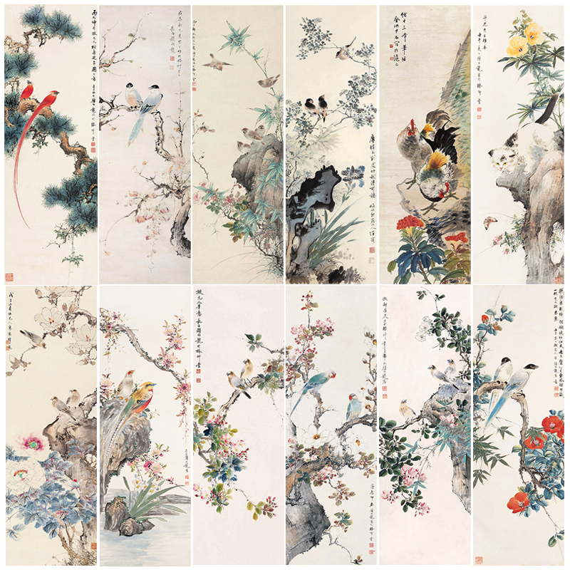 中式花鸟图窄长条自粘贴装饰墙画