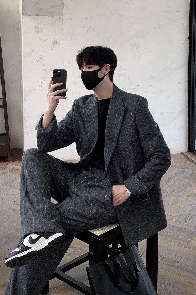 50羊毛男士条纹宽松西装黑色X222/P198控248,男装西服套装,电商A242