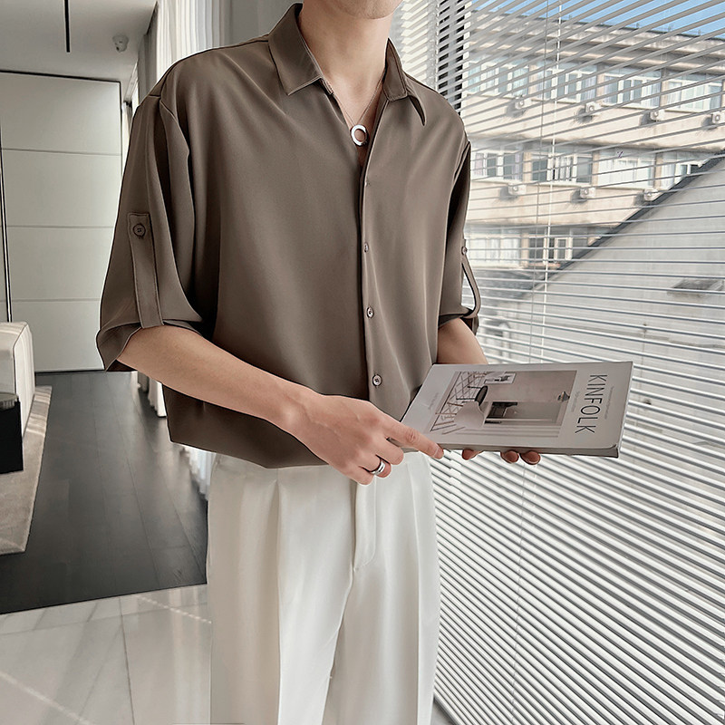 轻熟风中袖男士V领宽松衬衫 咖啡 S125/P58 控88图片