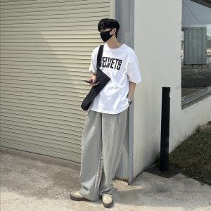 美式痞帅圆领字母印花t恤男士夏季宽松廓形短袖复古ins垫肩五分袖图片