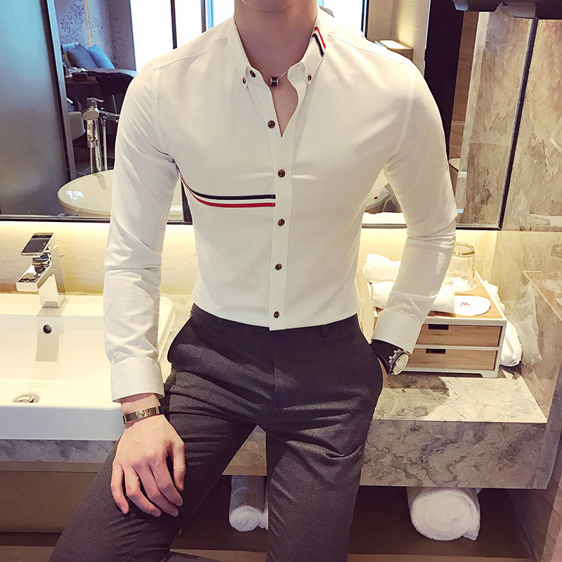 TB风蓝白红彩条装饰男士休闲长袖衬衫WS52/P5578,男装衬衫,电商A242