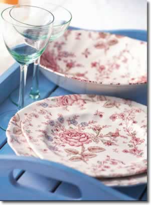 出口原单高温釉下彩英式下午茶乡村陶瓷西餐套装粉色玫瑰碟碗盘杯