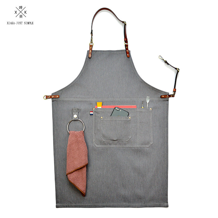 呷茶灰色牛仔围裙咖啡师发型师花艺餐厅真皮工作围裙logo定制