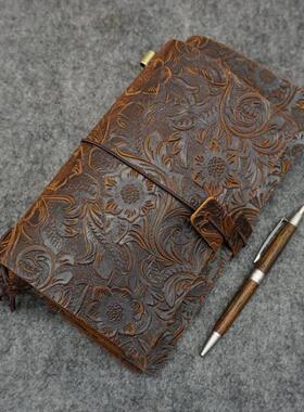 禾木家复古真皮疯马牛皮雕花活页旅行笔记本手帐标准随身款护照版