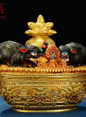 全鎏金八吉祥雕花鼹鼠吐宝瓶彩绘百宝座家用桌面供具铜财神摆件