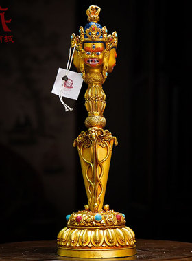 全鎏金三面普巴金刚杵彩绘面部宝石镶嵌金刚橛带底座铜摆件