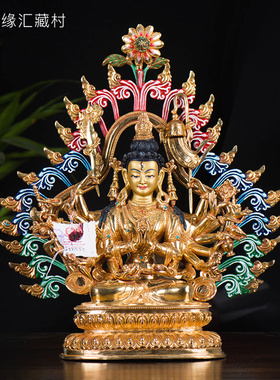 藏村尼泊尔10寸手工铜全鎏金雕花双层莲座准提佛 铜像铜像摆件