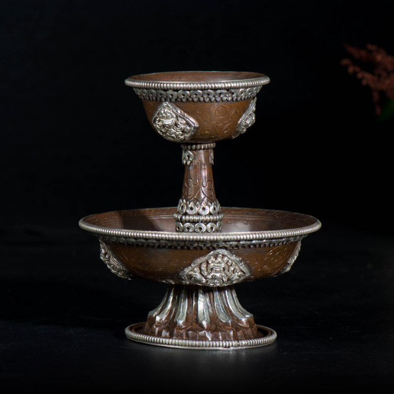 藏村 尼泊尔手工紫铜镀银雕花八吉祥供杯铜贡酒杯 中号高13cm