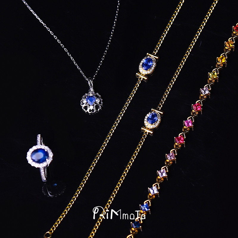 Rimmoto18k金彩色蓝宝石手链四叶草爱心吊坠经典皇家蓝钻石戒指