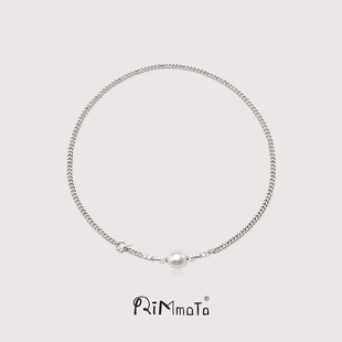 Rimmoto天然淡水珍珠项链巴洛克锁骨链s925纯银古巴链男女同款