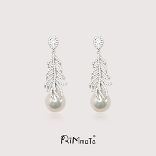 Rimmoto天然炫彩珍珠耳饰法式羽毛耳钉S925银镶嵌耳环优雅大点位