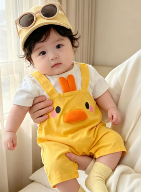 婴幼儿夏季超萌卡通连体衣男女宝宝薄款黄色可爱超萌小鸡外出爬服