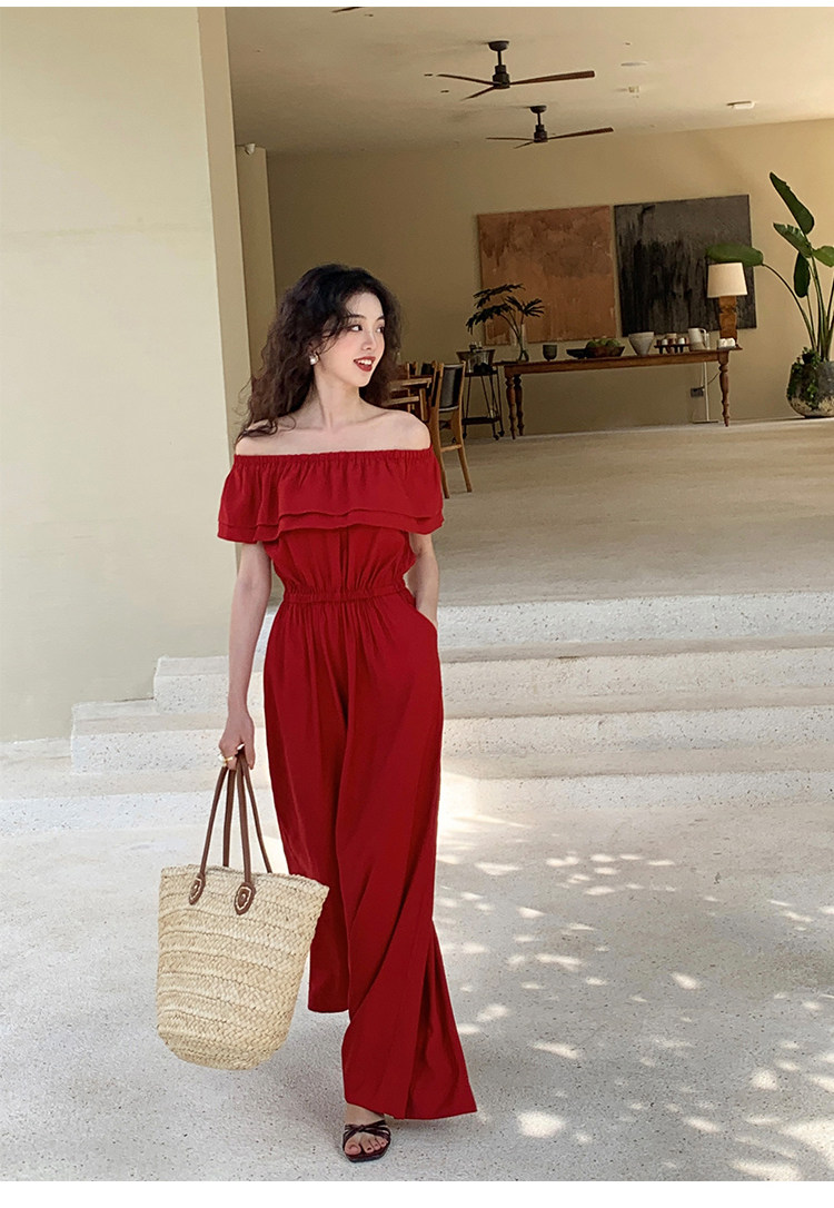 一字肩红色荷叶边连体长裤女连衣裤女神范仙女裤子高腰甜美显瘦潮,女装/女士精品,连体衣/裤,淘宝优惠券,粉丝福利购,淘宝优惠卷