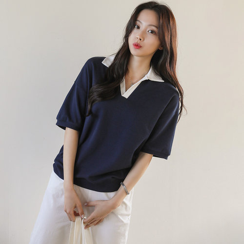 韩国东大门撞色翻领短袖t恤女
