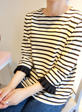 春季女装新款圆领横条纹百褶袖口百搭T恤2025韩版宽松九分袖上衣