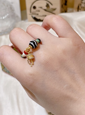 天珠多宝设计款戒指 天珠搭配绿松石，蜜蜡，南红，大漆，珍珠