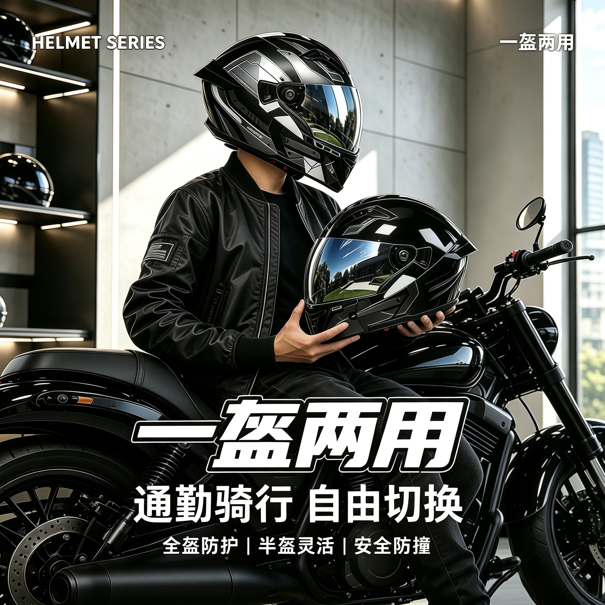 RNG组合盔头盔男摩托车四季通用全盔带蓝牙耳机四分之三复古巡航