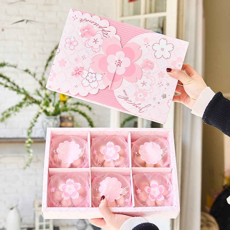 新款粉色樱花酥桃花酥6粒糕点包装盒袋子原创女神节手提礼盒