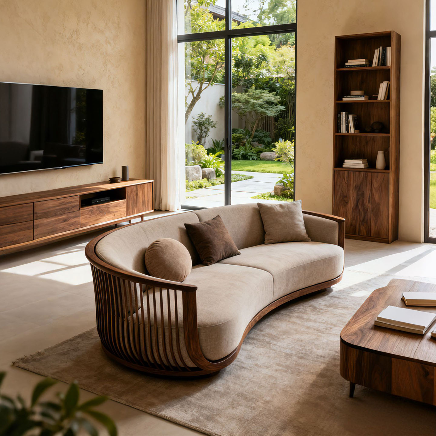 新中式宋式美学弧形实木布艺沙发