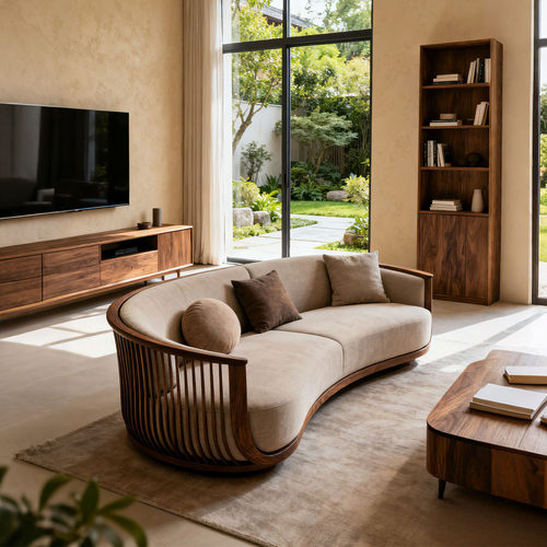 新中式宋式美学弧形实木布艺沙发