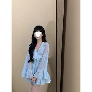 氛围感纯欲蕾丝纱裙甜美千金风V领仙女裙半透连衣裙2025短裙 夏季