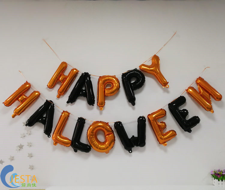 可挂16寸鬼节万圣节黑橙字母气球happyhelloween布置装饰铝膜气球