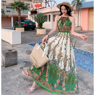 波西米亚沙滩裙吊带裙连衣裙海边度假棉绸碎花长裙甜美印花无袖