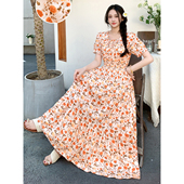 法式 复古方领温柔风棉绸碎花连衣裙长裙夏季 遮肚子显瘦旅游度假