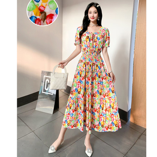 清仓复古方领连衣裙女法式泡泡袖棉绸遮肚子显瘦长裙碎花人造棉